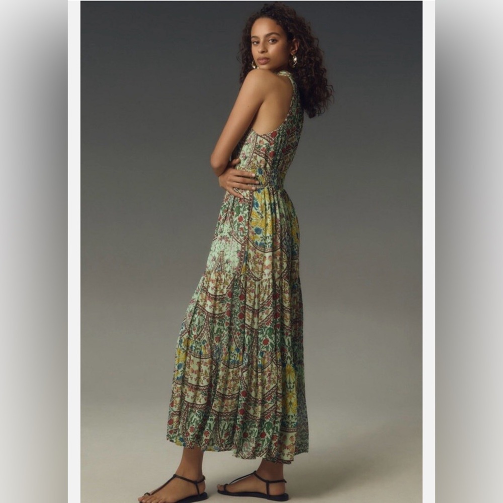 Anthropologie Floral Halter Maxi Dress in Mint, Yellow, Blue - Picture 4 of 8